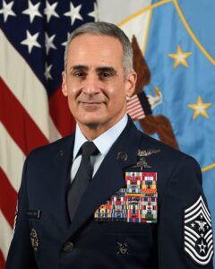 U.S. Air Force Chief Master Sgt. Ramon “CZ” Colon-Lopez, 4th Senior Enlisted Advisor to the Chairman, Joint Chiefs of Staff, poses for his official portrait in the Army portrait studio at the Pentagon in Arlington, Va., Dec. 9, 2019. (U.S. Army photo by William Pratt)